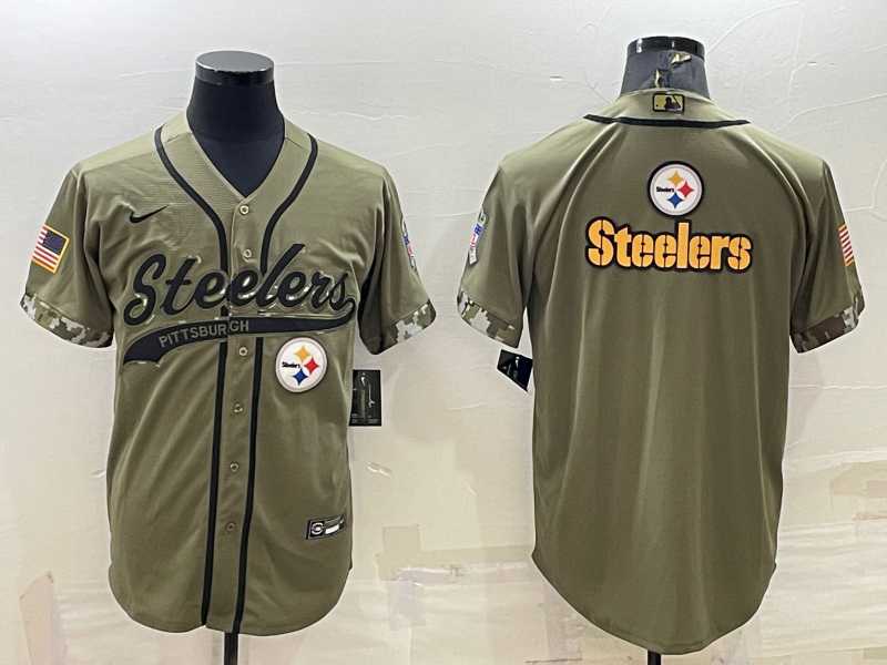 Mens Pittsburgh Steelers Blank Olive Salute to Service Team Big Logo Cool Base Stitched Baseball Jersey